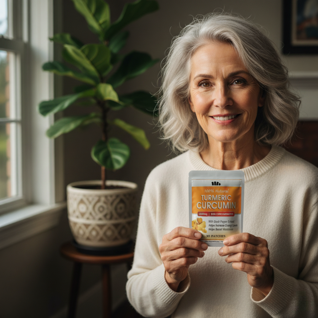 A happy and healthy woman holding a package of JointPatches